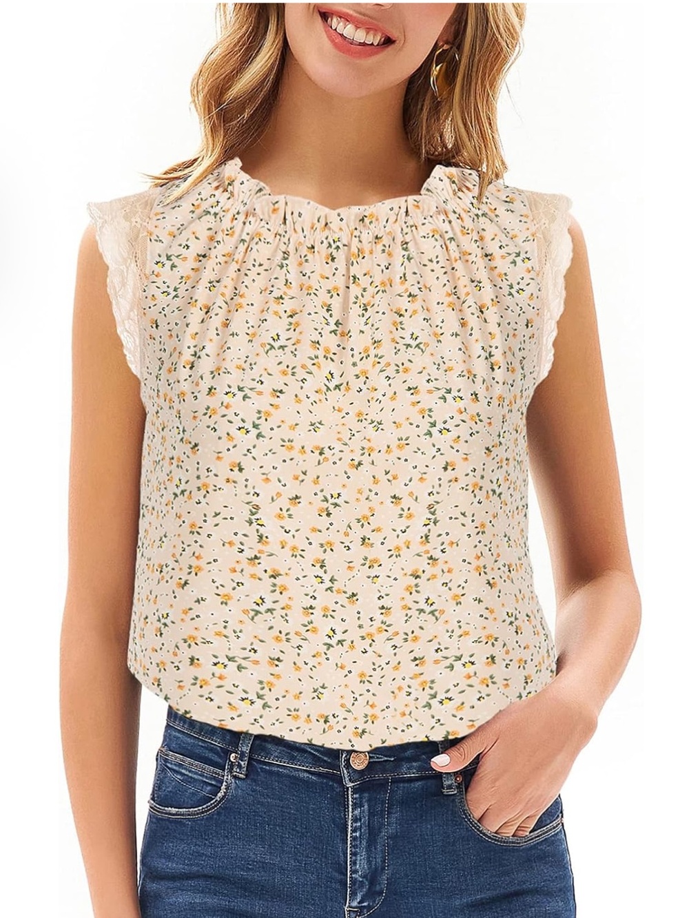 Grace Karin Chiffon Lace-Trim Sleeveless Blouse in Orange Floral